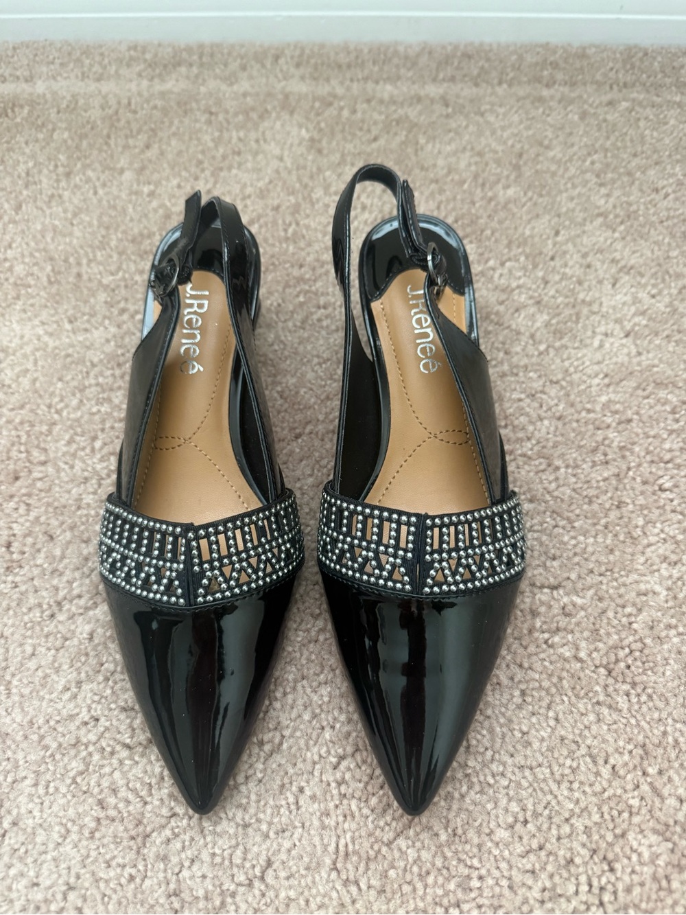 J.Renee Black Patent Pointed Slingback Pumps with Beaded Trim